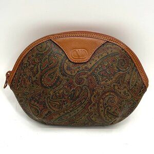 VALENTINO GARAVANI Vintage Brown Paisley Print Leather Pouch Clutch Purse